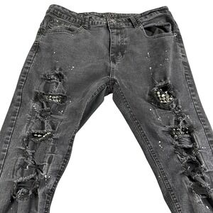M Society Men's 36x32‎ Distressed Gray Wash Skinny Jeans Studded Rips Splatter